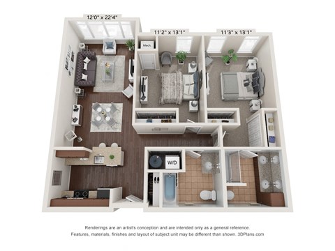 a 3d floor plan of a 1 bedroom apartment